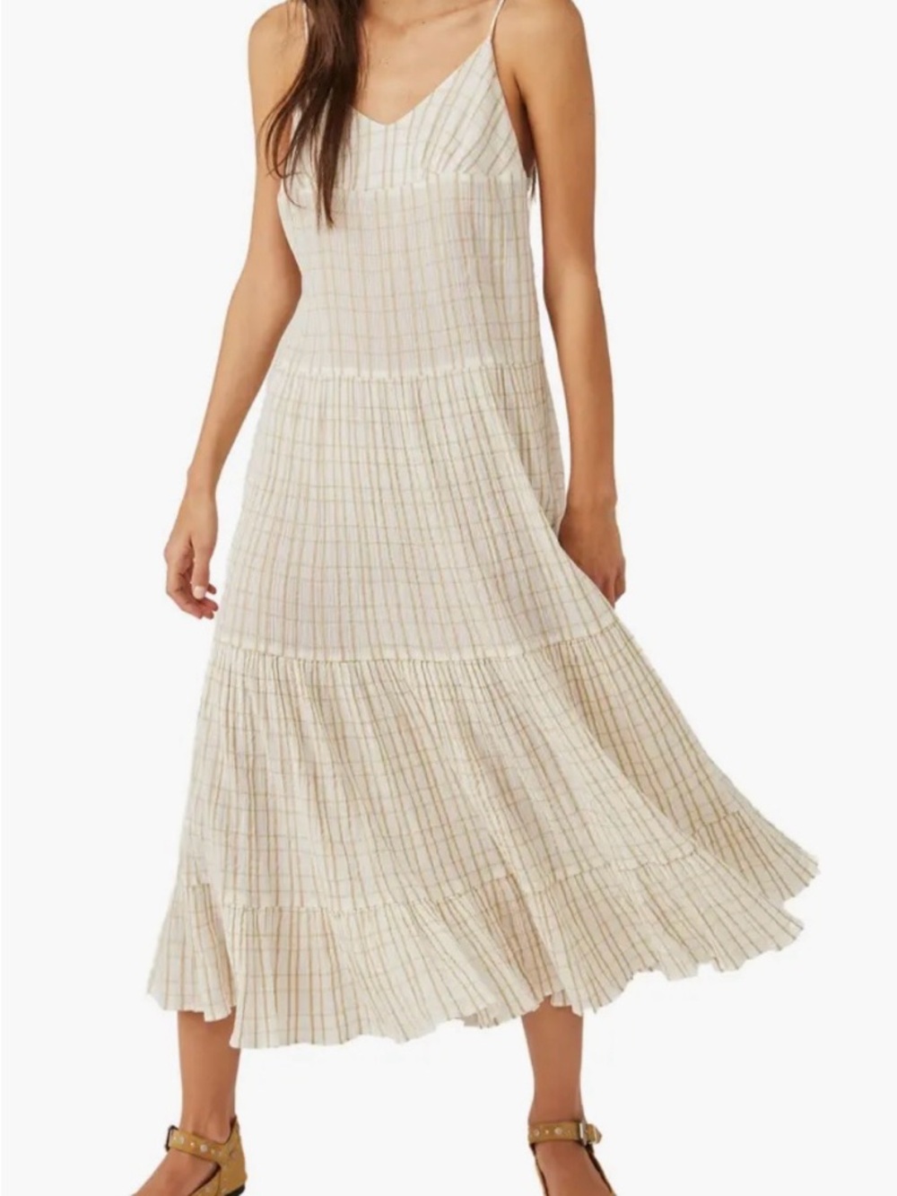 Light Cream Tiered Striped Maxi Dress